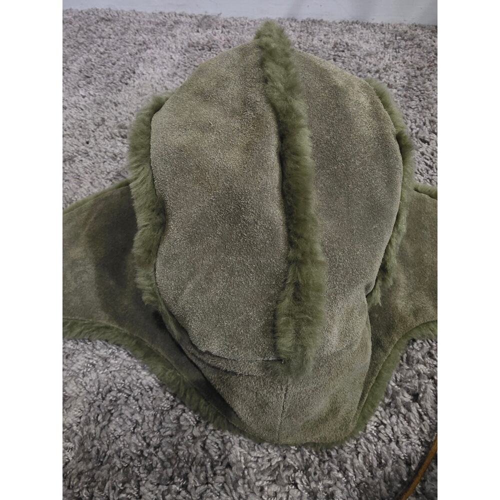 Vintage Gap Distressed Sherpa Fleece Lined Suede Leather Trapper Hat Green S/M - Picture 8 of 8